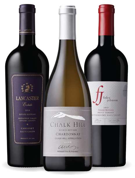 Three bottles of wine: Cabernet Sauvignon, Chardonnay, and Petit Verdot