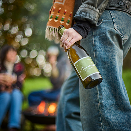 Person holding a bottle of Acrobat wine with a blurred background of people, twinkle lights, and a fire pit