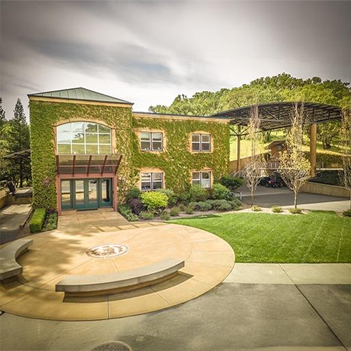 Front view of Lancaster Estate building with lush greenery and ivy-covered walls.