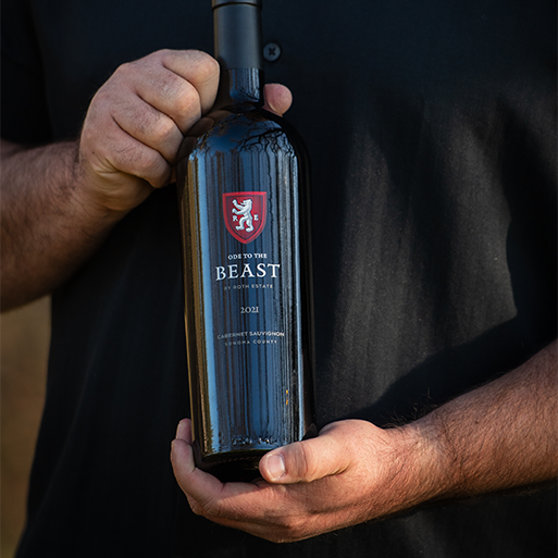 A person holding a bottle of Roth Ode to the Beast wine 