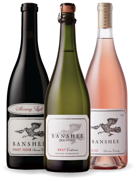 Banshee wines, including Pinot Noir, Brut, and Rosé bottles