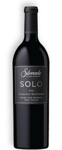 Bottle shot of Silverado Solo Cabernet wine, featuring an elegant black bottle