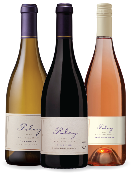 Three bottles of Foley Estates wines on a transparent background
