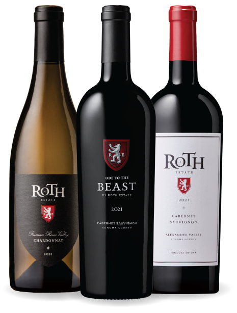 Three bottles of Roth wines against a transparent background