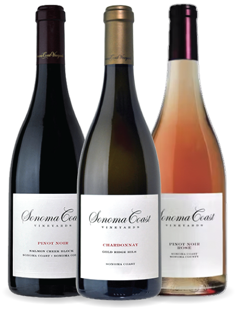 Three bottles of Sonoma Coast Vineyards wines on a transparent background