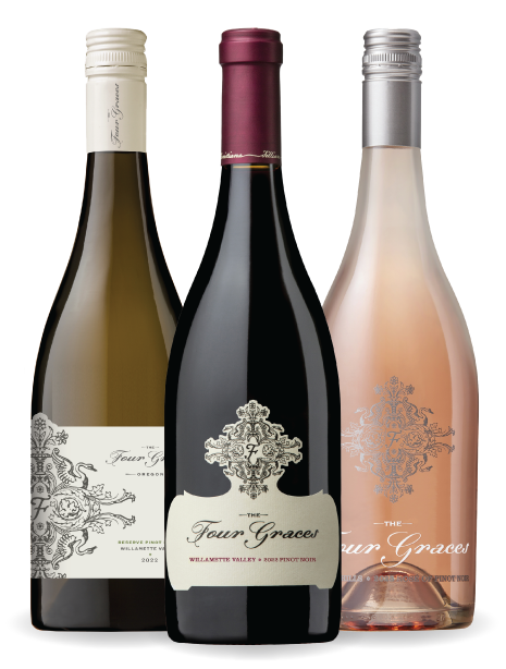 The Four Graces wines, including Pinot Noir, Rosé, and Pinot Blanc bottles