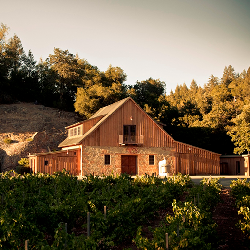 Merus tasting room surrounded by vineyards and trees in Napa Valley