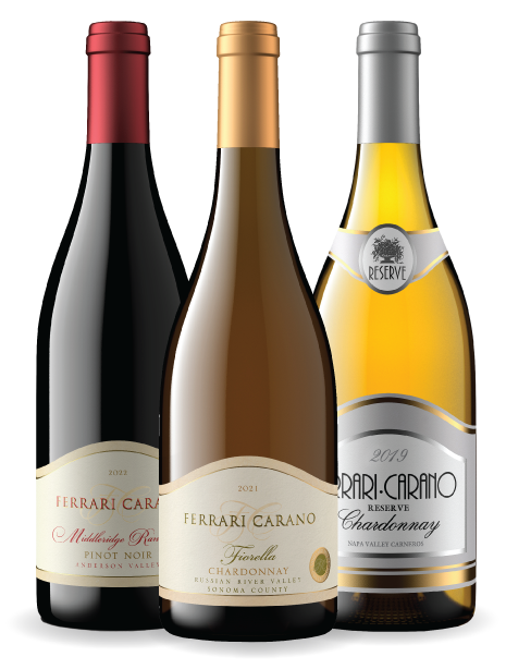 Ferrari-Carano wines, including Pinot Noir and two bottles of Chardonnay.