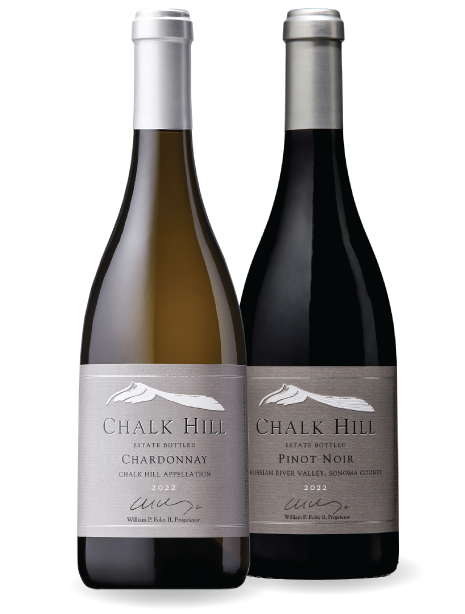Two bottles of wine: a Chardonnay and Pinot Noir
