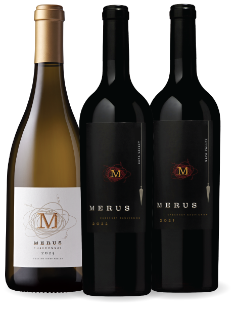 Three bottles of Merus wines on a transparent background