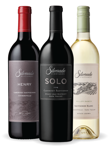 Silverado Vineyards wines, including Sauvignon Blanc, Cabernet Sauvignon, and Cabernet Sauvignon Coombsville bottles