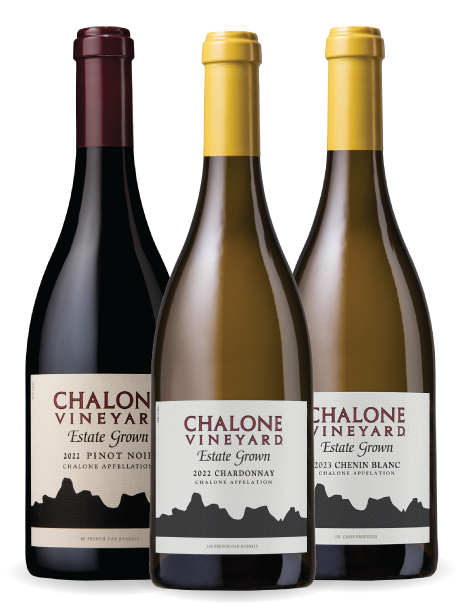 Bottle shots of Chalone Vineyard's Pinot Noir, Chardonnay, and Chenin Blanc wines