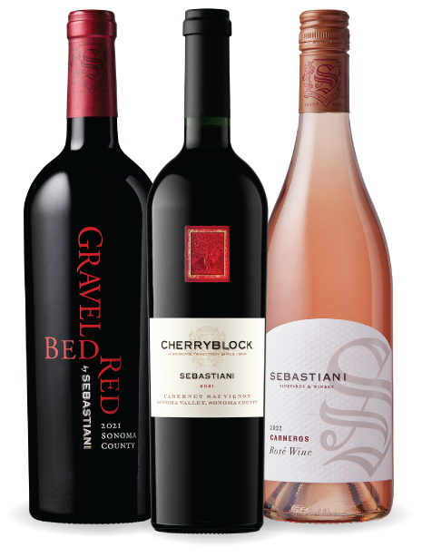 Three bottles of Sebastiani wines against a transparent background