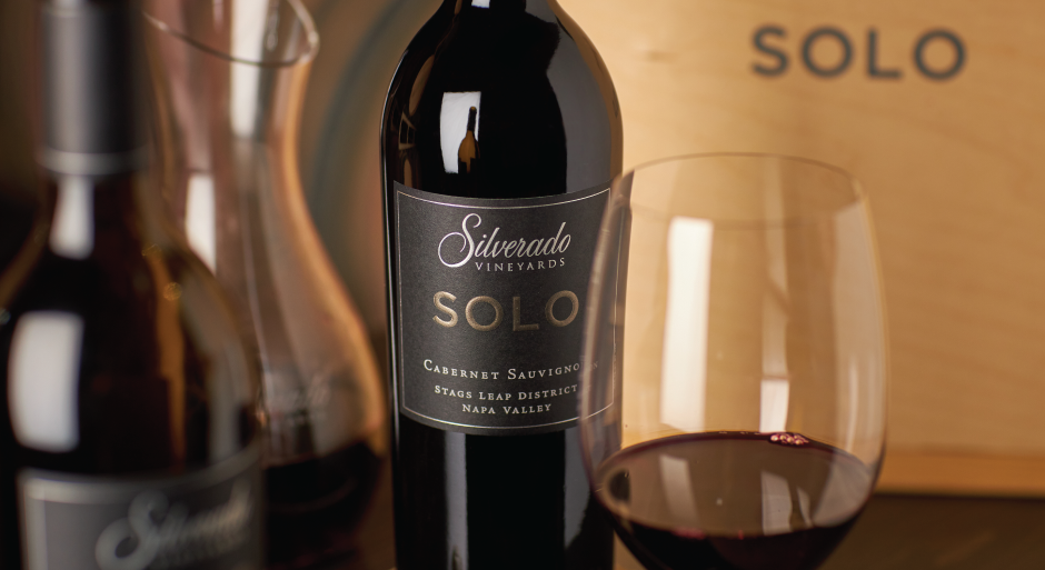 Silverado cabernet sauvignon wine bottle next to a poured glass