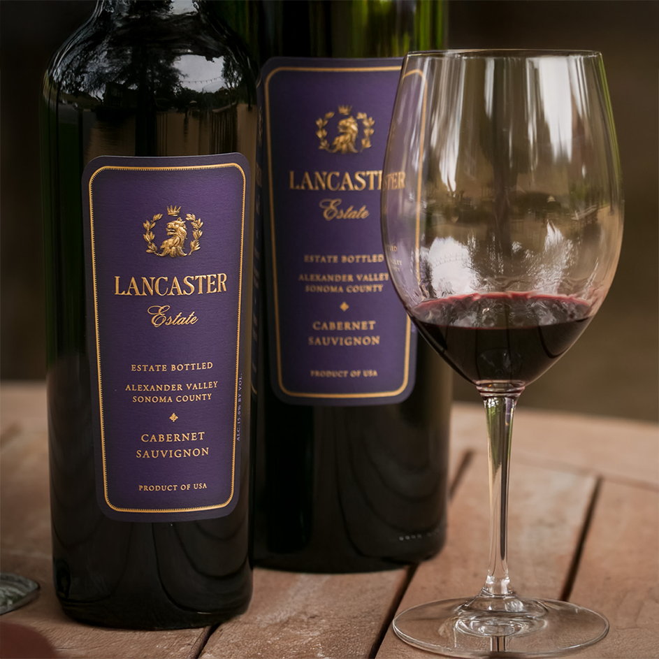 Two bottles of Lancaster Estate Cabernet Sauvignon on a table with a poured glass of the wine
