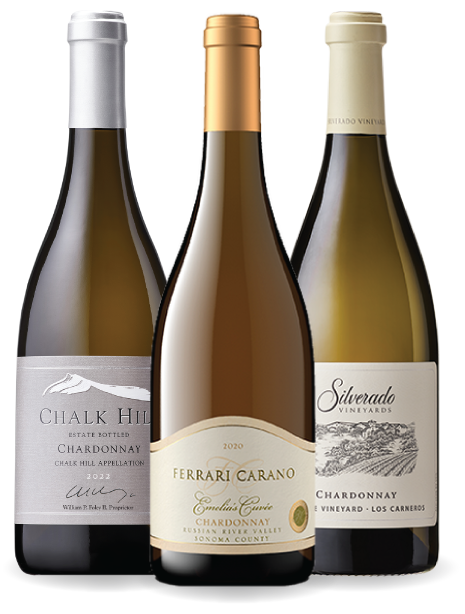 Three bottles of Chardonnay wine